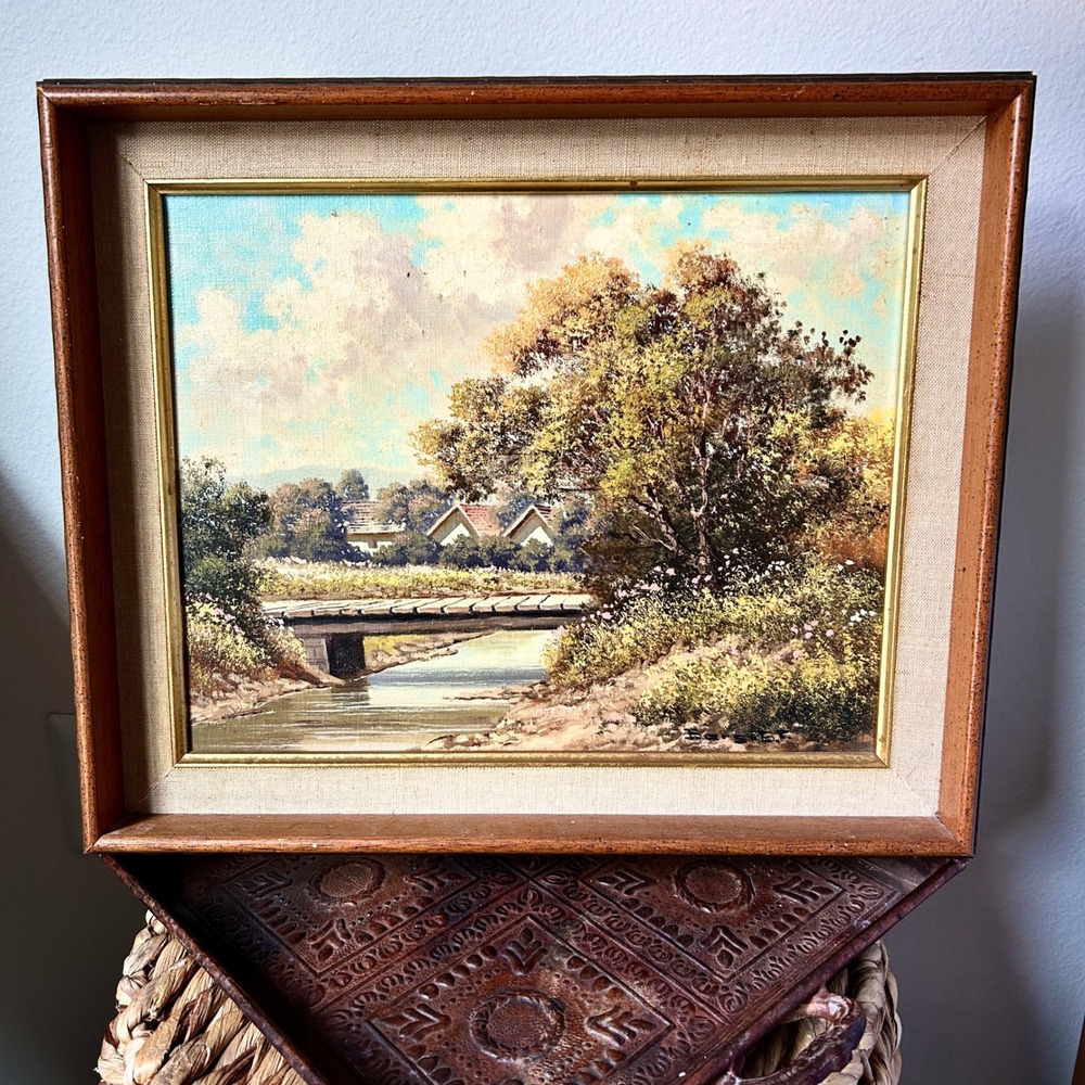 VTG 70s Original Landscape Oil on Canvas Rustic Wood Linen Gold Painting 17.5in